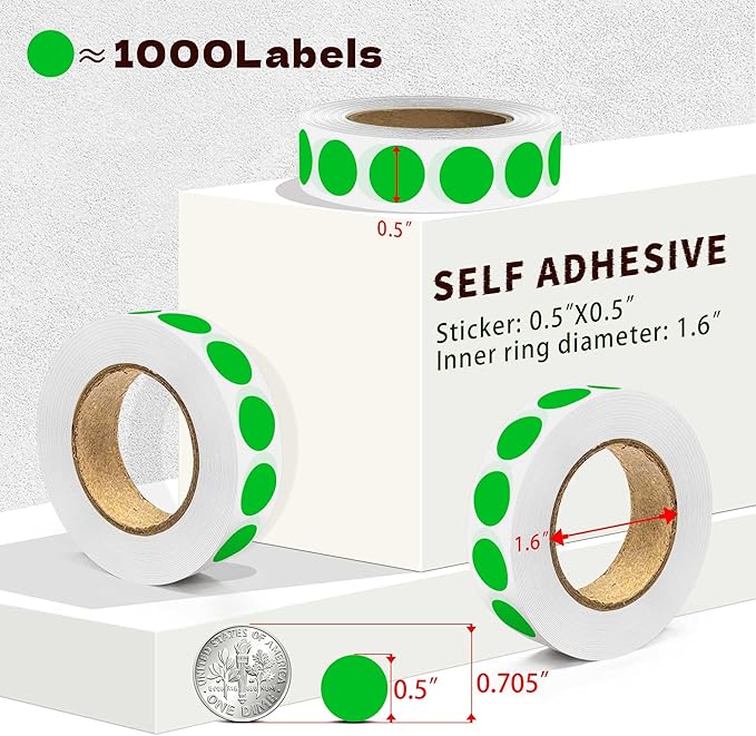 1000PCS Green Colored Dot Stickers Round Coding Circle Label Stickers 0.5 inch Label in Dispenser Box for Office Classroom