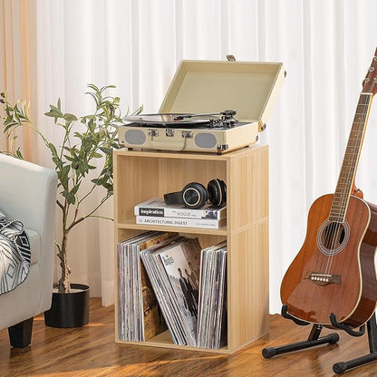 LEYAOYAO 2 Cube Bookshelf,Natural Record Player Stand Holds up to 100 Albums, Mini Wood Book Shelf Storage Organizer,Turntable Stand with Vinyl Storage Cabinet, Narrow Open Bookcase for Small Spaces
