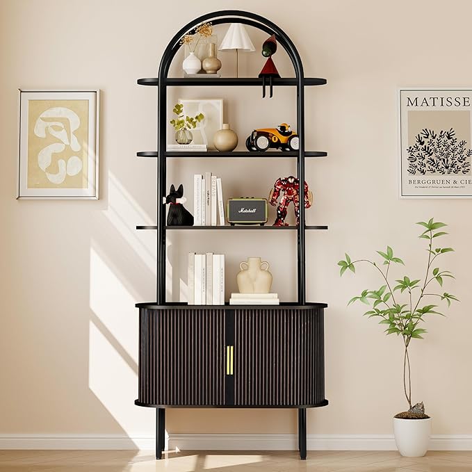 71" Tall Fluted Arched Bookshelf with Sliding Tambour Doors, Mid Century Modern Metal Curved Bookshelf Cabinet with Storage, 4-Tier Open Display Storage Shelf for Home Office, Living Room (Black