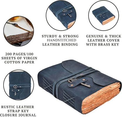 LEATHER VILLAGE Vintage Leather Journal – 200 Handmade Vintage Deckle Edge Paper – Leather bound Journal For Women Men – Vintage Key Closure - Book of Shadows - Blue - 13X8 inches