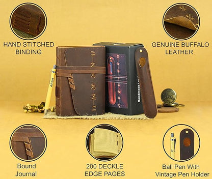 Leather Journal Notebook for Men & Women Daily Vintage Leather Bound Journal Travel Notebook 200 Deckle Lined Paper Diary Writing Journal Travelers Scrapbook Poetry Sketchbook Small Leather Gifts with