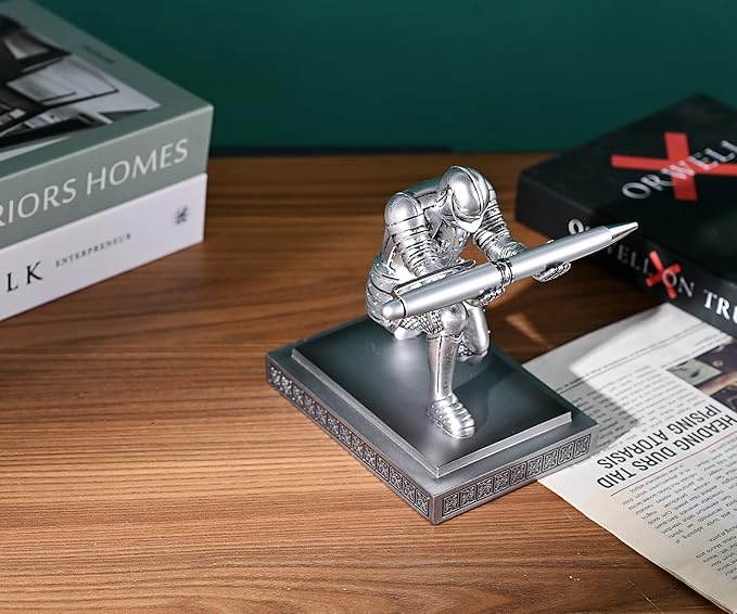 Knight Pen Holder Pen Stand Desk Organizers and Accessories Resin Pencil Holder as Gift with a Fancy Pen for Office and Home Desk Organizer (Silver)
