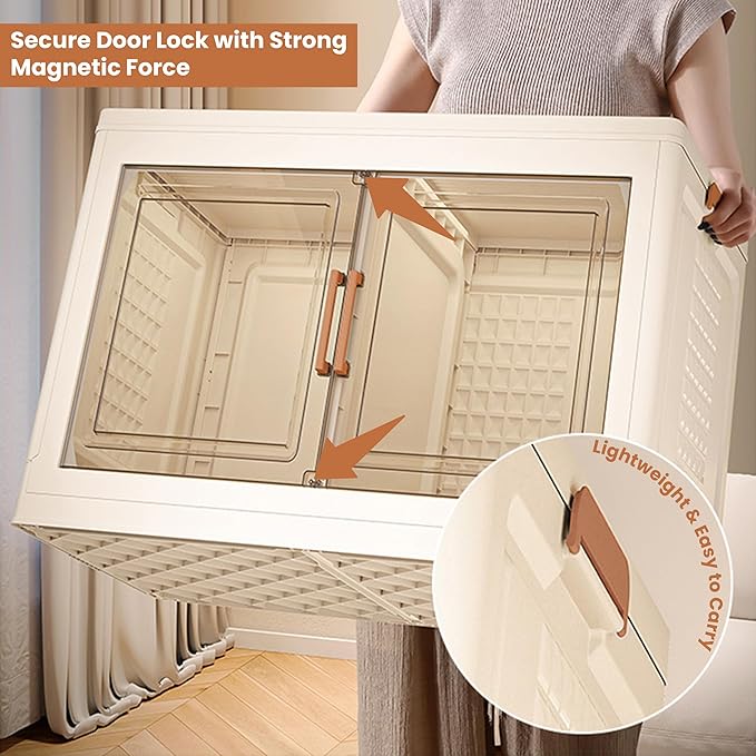 FINCHESCLUB 568QT Large Stackable Storage Bins with Lids, 141Gal Foldable Storage Bins with Doors and Wheels, Collapsible Closet Organizers for Home Office, Christmas Gifts - 3 Pack - Off White