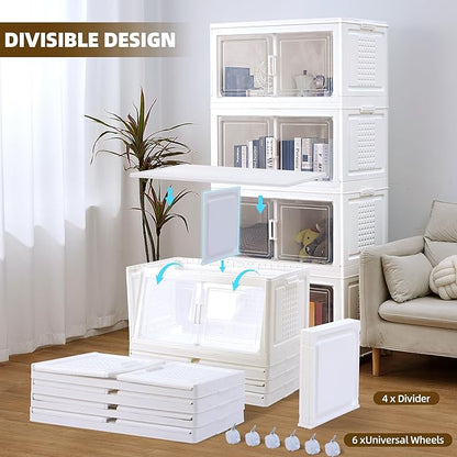 FINCHESCLUB 752QT Extra Large Stackable Storage Bins with Lids, 188Gal Foldable Storage Bins with Doors and Wheels, Collapsible Closet Organizers for Home Office, Christmas Gifts - 4 Pack - White