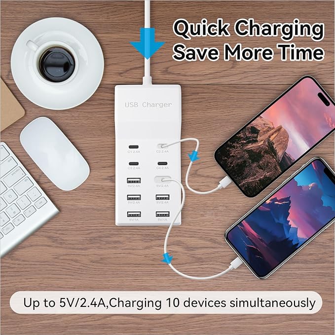 USB Charging Station Block with 10-Port (6 USB-A Port & 4 USB-C Port),USB Power Strip for Smart Phone Tablet Laptop Computer (1 Pcs)