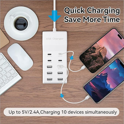 USB Charging Station Block with 10-Port (6 USB-A Port & 4 USB-C Port),USB Power Strip for Smart Phone Tablet Laptop Computer (1 Pcs)