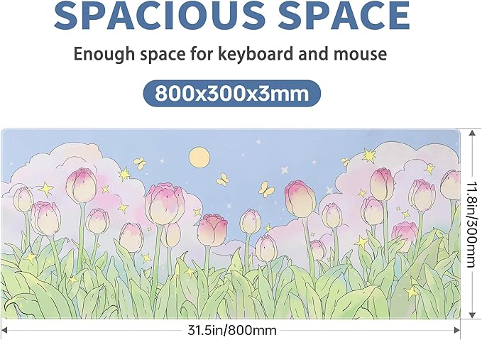 Kawaii Flower Mouse Pad Large Desk Mat Extended Keyboard Mouse Pad Cute XL Mousepad with Non-Slip Base and Stitched Edge Plant MouseMat Desk Pad 31.5 x 11.8 in Mouse Pads for Desk Home Office Gaming
