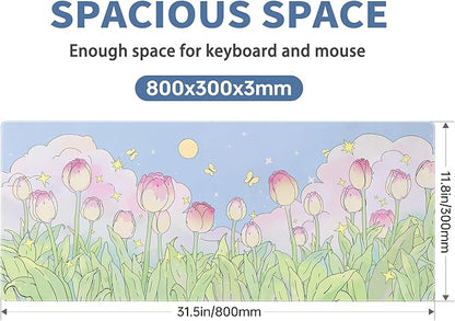 Kawaii Flower Mouse Pad Large Desk Mat Extended Keyboard Mouse Pad Cute XL Mousepad with Non-Slip Base and Stitched Edge Plant MouseMat Desk Pad 31.5 x 11.8 in Mouse Pads for Desk Home Office Gaming
