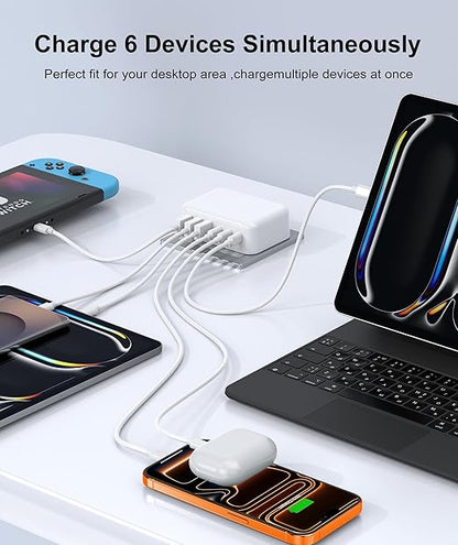 Fast Charger Block, GaN 6 Port USB C Charging Station Hub Cube, 100W Multiport Type C Wall Charger Power Strip Plug with PD 3.0+QC for iPhone13 14 15 16 17 Pro Max XR XS 8 7, Samsung, iPad, Table