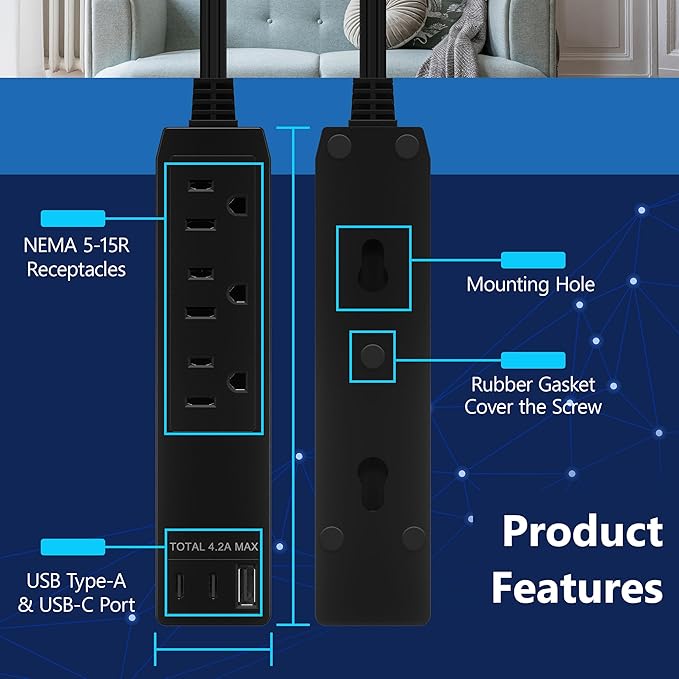 LIDER Outlet Extender with 3 Receptacles, 21W USB Type-A, and 2 USB Type-C, Ultra-Thin Wall Plate Plug with Cord Extender, 3-Outlet Power Strip, Flat-Face, Slim Design, ETL-Listed, 3ft Cord, Black