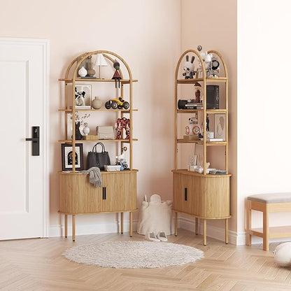 71" Tall Fluted Arched Bookshelf with Sliding Tambour Doors, Mid Century Modern Metal Curved Bookshelf Cabinet with Storage, 4-Tier Open Display Storage Shelf for Home Office, Living Room (Natural)