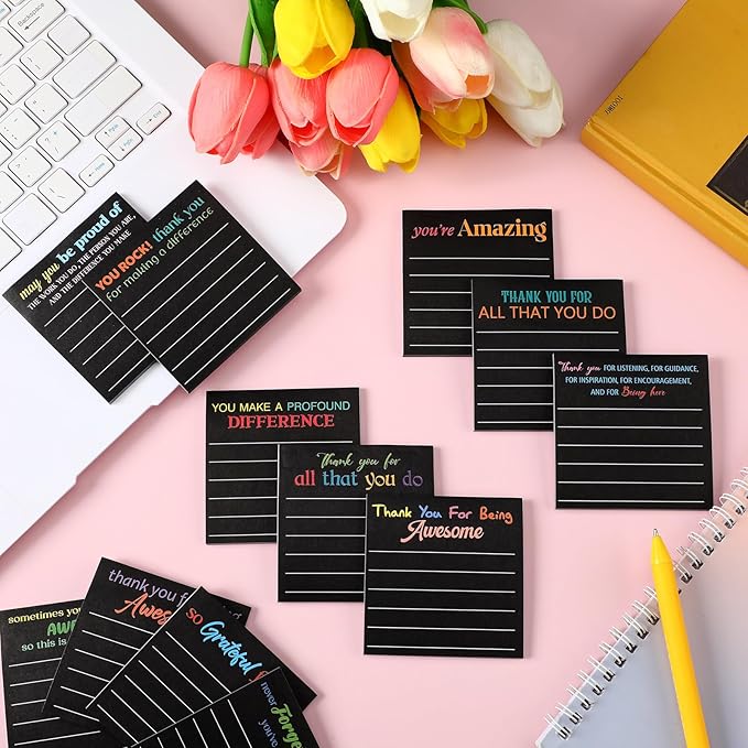 Yinder 24 Pcs Inspirational Sticky Notes Christmas Stocking Stuffers Motivational Sticky Notes Pad Employee Appreciation Gift Bulk for Teacher Nurse Coworker Office 3 x 3'' (Thank You,Black)