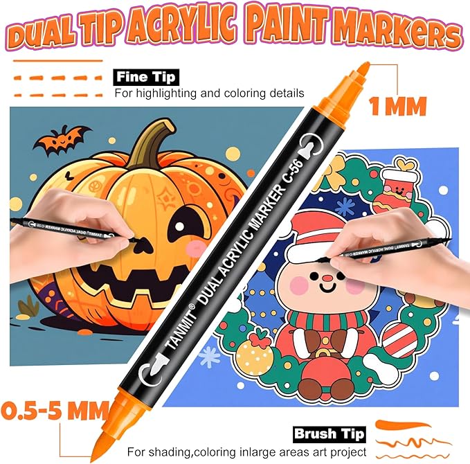 30 Colors Acrylic Paint Markers, Dual Tip Acrylic Paint Pens with Fine Tip and Brush Tip for Rock Painting, Ceramic, Wood, Plastic, Calligraphy, Scrapbooking, Brush Lettering, Card Making, DIY Crafts
