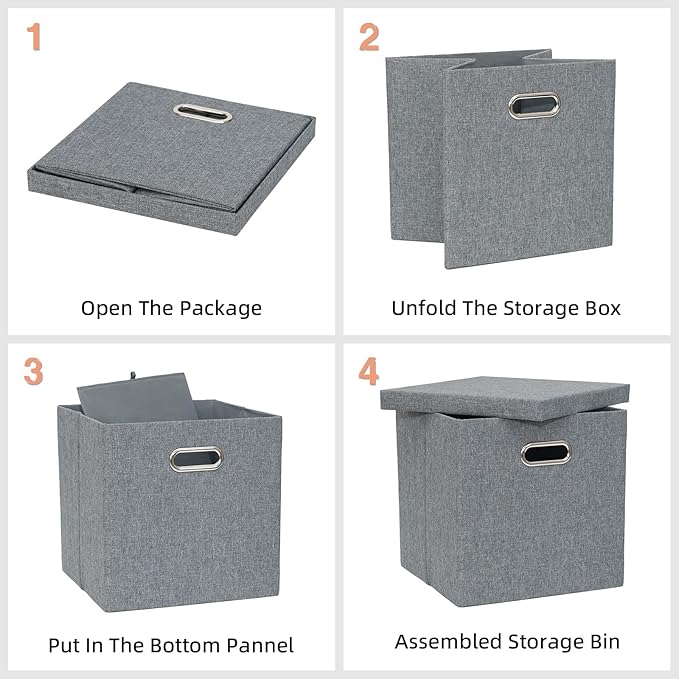Storage Bins with Lids, Collapsible Linen Fabric Boxes Organizer Containers with Lid Foldable Storage Box Basket for Closet, Shelves, Home, Office, 12 x 12 x 12.4 Inch, 4 Pack, Dark Gray