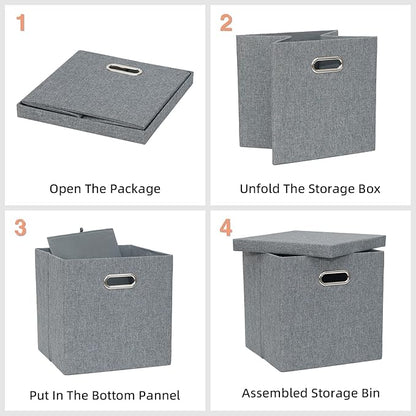 Storage Bins with Lids, Collapsible Linen Fabric Boxes Organizer Containers with Lid Foldable Storage Box Basket for Closet, Shelves, Home, Office, 12 x 12 x 12.4 Inch, 4 Pack, Dark Gray