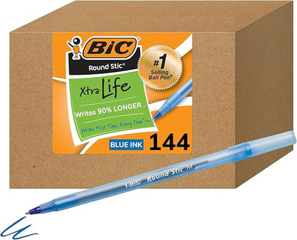 BIC Round Stic Xtra Life Blue Ballpoint Pens, Medium Point (1.0mm), 144-Count Pack of Bulk Pens, Flexible Round Barrel for Writing Comfort, No. 1 Selling Ballpoint Pens