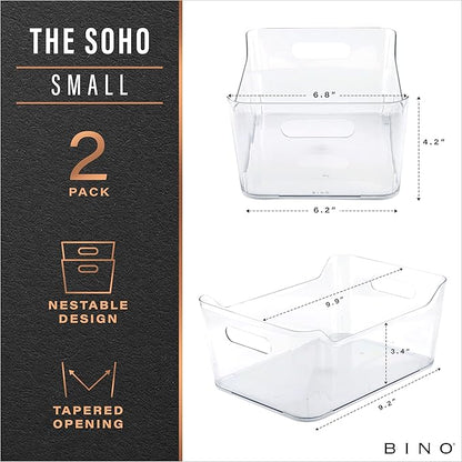 BINO | Plastic Storage Bins, Small - 2 Pack, Clear | THE SOHO COLLECTION | Pantry Organizers and Storage Containers Fridge Organizer Bins Kitchen Cabinet Organizer Medicine Cabinet Bin