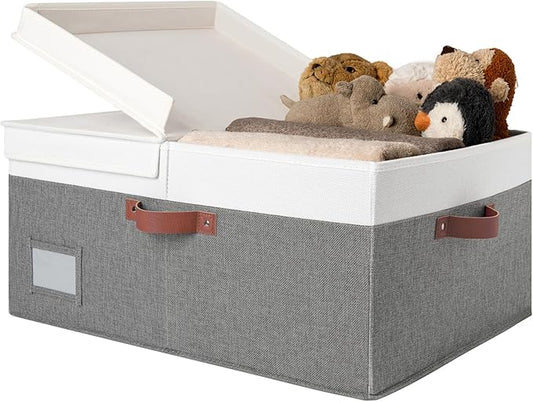 GRANNY SAYS Decorative Storage Boxes with Lid, Large Closet Storage Bins with Double-Open Lid and Divider, Linen Fabric Storage Bins for Clothes, 63L, White&Gray