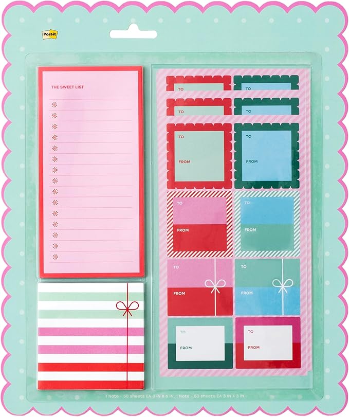 Post-it Jingle Sticky Notes & Label Sheets, Christmas Hostess Present, Assorted Sizes, 2 Holiday Themed Cute Sticky Note Pads and 3 Gift Label Sheets