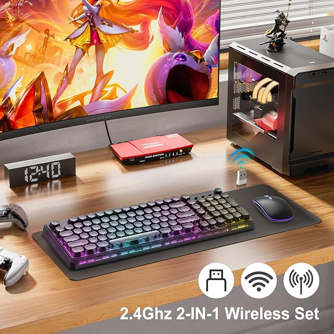 Black Light Up Keyboard and Mouse Wireless,Cute 2.4Ghz Cordless Rechargeable Transparent Backlit Keyboard,15 Backlight Effects,Volume Knob,RGB Mouse with 3 DPI for Mac Computer PC Laptop Desktop iPad