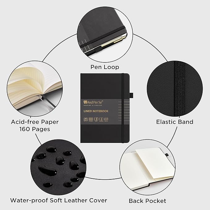&And Per Se Lined Journal and Pen Set (3 packs), A5 Leather Journal Stationery Set, 160 Pages 100GSM Thick Paper, Notebook Gift Set (Black)