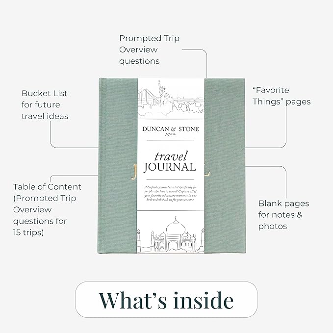 DUNCAN & STONE PAPER CO. Travel Journals - Elegant Journaling Notebook To Record All Your Travel Fun, & More - 110 Page Linen Hardcover Journal For Up To 15 Trips (Sage Green)