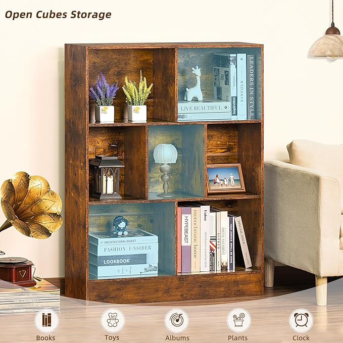 LEYAOYAO 7 Cube Bookshelf with Base,3 Tier Mid-Century Modern Brown Bookcase,Standing Wide Bookshelves Storage Organizer Shelf,Rustic Wood Display Cabinet Book Shelves for Bedroom,Living Room,Office