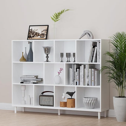Wood Cube Storage Organizer White Bookshelf - 3-Tier Freestanding Storage Cabinet with Legs for Home Office, 11-Cubes Open Shelf