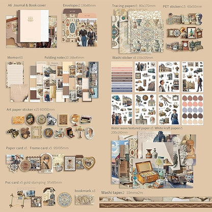 Scrapbooking Supplies Kit, Museum Aesthetic Vintage Scrapbook Kit for Bullet Junk Journal A6 Grid Notebook Stationary Journaling Supplies DIY Craft Birthday Holiday Gifts for Women Kid Teen Girl