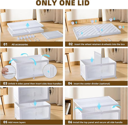 FINCHESCLUB 752QT Extra Large Stackable Storage Bins with Lids, 188Gal Foldable Storage Bins with Doors and Wheels, Collapsible Closet Organizers for Home Office, Christmas Gifts - 4 Pack - White