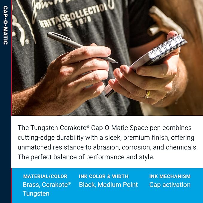 Fisher Space Pen Cap-O-Matic Pen, Ballpoint, Tungsten, Cerakote Finish, Pocket Clip, Black Ink