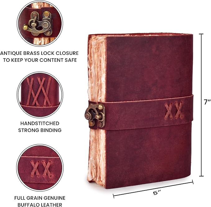 LEATHER VILLAGE Leather Bound Vintage Journal for Women & Men - Book of Shadows - Lock Closure - 200 Pages of Antique Deckle Edges Handmade Paper - Fuchsia Color - 7 x 5 inches