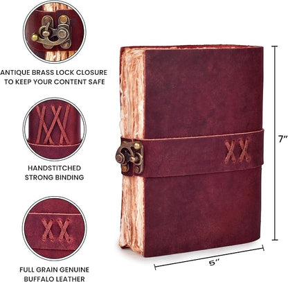 LEATHER VILLAGE Leather Bound Vintage Journal for Women & Men - Book of Shadows - Lock Closure - 200 Pages of Antique Deckle Edges Handmade Paper - Fuchsia Color - 7 x 5 inches