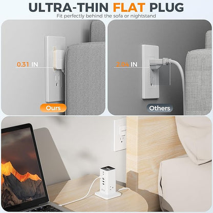 Charging Station 30W, TESSAN 9-in-1 Charger Blocks for iPhone 16/15/14/13, Tablets, Earphone with Surge Protector, 5ft Flat Extension Cord with 4 USB A, and 2 USB C for Home, Office, Drom, White