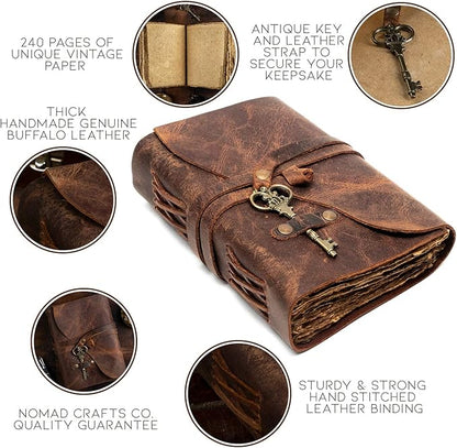 Vintage Leather Journal - Antique Handmade Deckle Edge Vintage Paper Leather Bound Journal - Book of Shadows Journal - Leather Sketchbook - Drawing Journal - Great Gift (Red Brown, 11.5"x8.25")