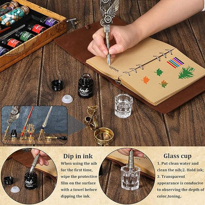 Quill Pen and Ink Set - Mechanical Punk Feather pen - Wooden Dip Pen - Glass Drawing Pen - Multi Ink Calligraphy Pen Set - Basic Wax Seal Stamp Kit- 17 Calligraphy Nibs（Grey）