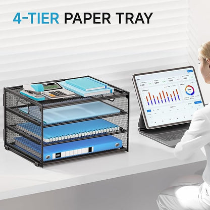 Lavatino 3-Tier Letter Tray Desk Organizer, Mesh Metal Paper File Tray Organizer for Desk, Office Supplies & Home Organization, Fits A4 Paper, Mail, Magazines & Office Accessories (Black with Handle)