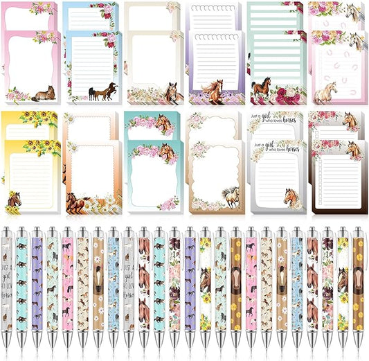 48 Pcs Horse Sticky Notes with Pens Themed Party Favors Gifts Cute Notepad Adhesive Memo Notes Black Ink Ballpoint Pen for Horse Lover Christmas Office School Students Teacher Supplies