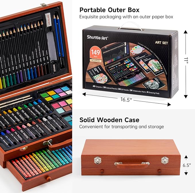 Shuttle Art 149 Piece Deluxe Art Set, Art Supplies in Wooden Case, Painting Drawing Art Kit with Crayons Colored Pencils Oil Pastels Watercolor Cakes Coloring Book Sketch Pad for Kids Adults