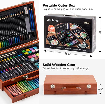 Shuttle Art 149 Piece Deluxe Art Set, Art Supplies in Wooden Case, Painting Drawing Art Kit with Crayons Colored Pencils Oil Pastels Watercolor Cakes Coloring Book Sketch Pad for Kids Adults