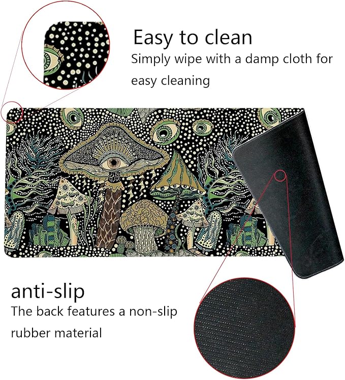 Boho Mushroom Mouse Pad,Dark Green Cottagecore Mushrooms Desk Mat,XL Large Magic Mouse Pads for Dorm Home Office Desktop Decor Art,31.5x11.8 Inch