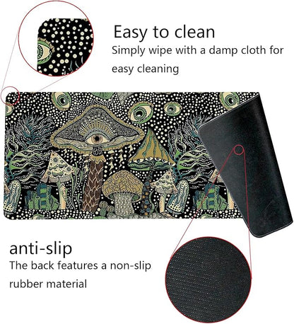 Boho Mushroom Mouse Pad,Dark Green Cottagecore Mushrooms Desk Mat,XL Large Magic Mouse Pads for Dorm Home Office Desktop Decor Art,31.5x11.8 Inch