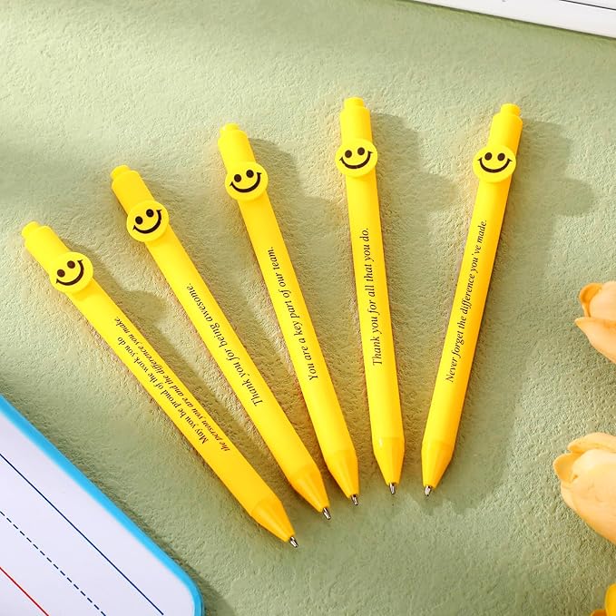 Qilery 50 Pcs Motivational Pens Bulk 5 Styles Inspirational Quotes Smile Face Ballpoint Pens Black Ink Smooth Writing Employee Appreciation Gifts Thank You Gifts