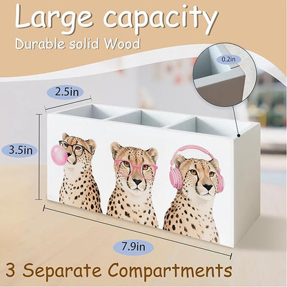 Trendy Funny Leopard Pen Pencil Holder Organizer for Desk, Cheetah Room Decor, Preppy Girly Y2k Aesthetic Cheetah Wooden Box Block Sign for Home Office Tabletop Decor