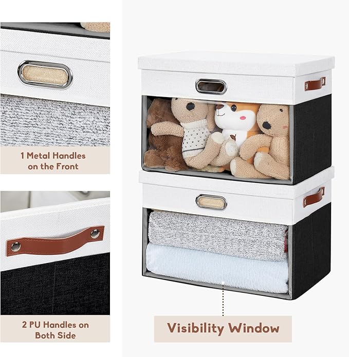 Fabric Clear Window Storage Bins with Lid, Closet Storage Box Linen Closet Baskets with 3 Handles for Organizing Clothing, Jeans, Shelves 17''- 3 Pack (Black and White)