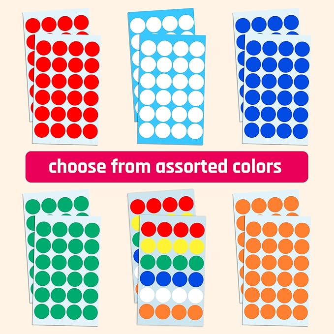 1200 Pack, 1" Round Colored Dot Stickers Labels - 10 Assorted Colors