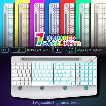 Wireless Keyboard and Mouse Backlits - Full-Sized Ergonomic Lighted Keyboard with Wrist Rest, Phone Holder,2.4GHz Rechargeable Silent Keyboard Mouse Combo for Computer, Laptop, PC, Mac -White