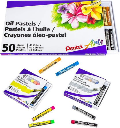 Pentel Arts Oil Pastels - 50 Color Set with Metallic and Fluorescent Packs, 3pk Set