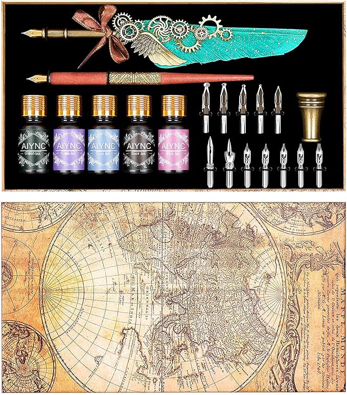 Feather Calligraphy Pen Ink Set, Mechanical Feather Pen and Wooden Dip Pen, 5 Colors of Ink, 12 Replacement Nibs, Pen Holder, Envelope and Letter Paper (Green)
