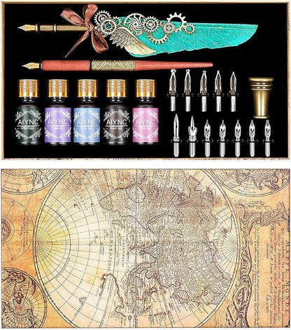 Feather Calligraphy Pen Ink Set, Mechanical Feather Pen and Wooden Dip Pen, 5 Colors of Ink, 12 Replacement Nibs, Pen Holder, Envelope and Letter Paper (Green)
